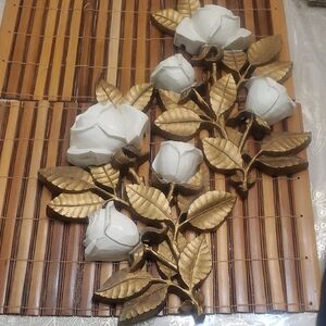 2 PIECES SYROCO MADE IN USA 4138 Gold and White Floral Wall Decor